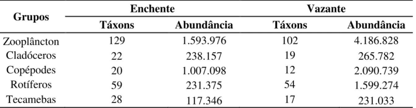 Tabela 2. Número de táxons e abundância de indivíduos (ind.m³) identificados nos períodos  de enchente e vazante: total e por grupos