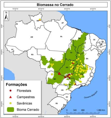 Figura 1. Distribuição geográfica das localidades onde há estudos sobre biomassa aérea e  subterrânea no Cerrado