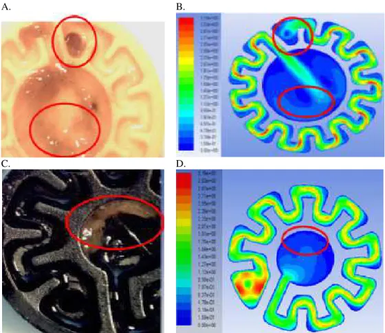 Figura 5 - Comparação entre emissores obstruídos (A e C) e simulação hidráulica (B e D) utilizando o programa  computacional ANSYS Fluent 