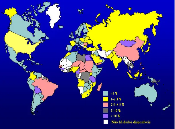 Figura 4: Estimativa da prevalência da infecção pelo vírus da hepatite C no mundo  ( www.marktest.com/wap/a/n/id%7E225.aspx) (com modificações)