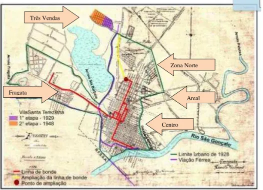 Figura 1.4- Mapa da cidade de Pelotas, na 1ª metade do século, com as linhas de bonde  