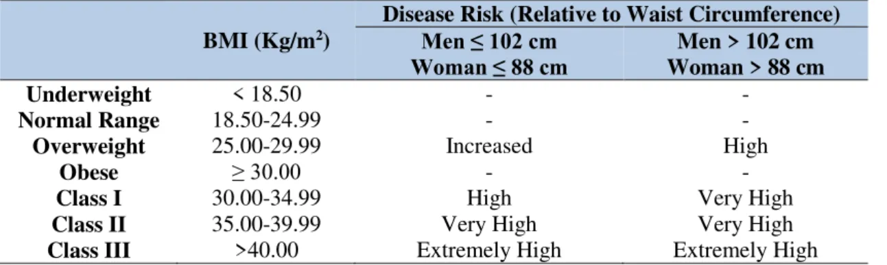 Table 1.1 - Classification of Overweight and Obesity by BMI, waist circumference and associated  disease risk (WHO 2000)