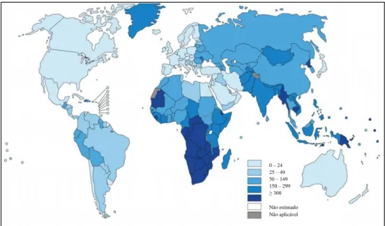 Figura 1  –  Mapa-mundo com os rácios de incidência estimada de casos de tuberculose em 2011 por  milhão de habitantes [131]