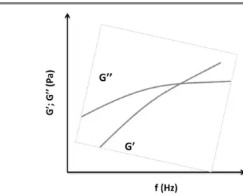 Fig. 1.6 -  Frequency sweep graphic, representing both elastic (G’) and viscous (G’’) modulus  at fixed stress and temperature
