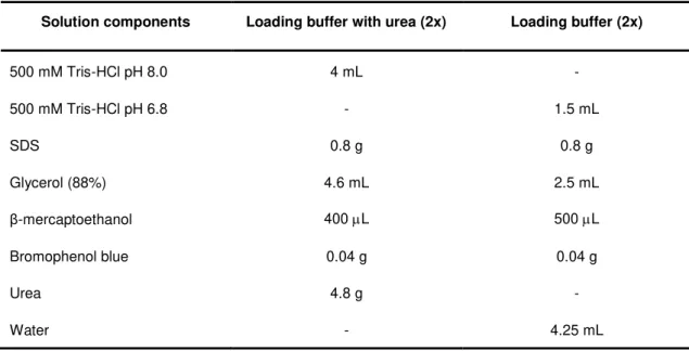Table 2.3: Solution components for preparing loading buffer with and without urea. 
