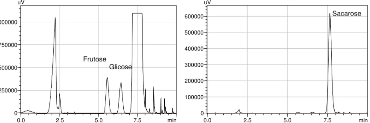 Figura  10  -  Perfil  cromatográfico  da  análise  de  açúcares  por  cromatografia  líquida  de  alta  eficiência         (HPLC/ELSD-LT) para o caldo de cana 