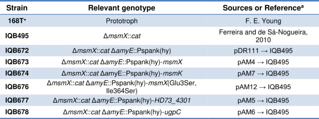 Table 2.3 - List of B. subtilis strains used or constructed during the course of this work