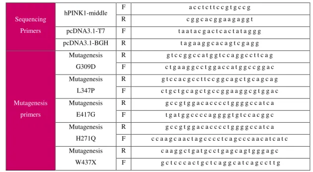 Table 3.1 - Primers used for quick change mutagenesis and sequencing; F=forward; R=reverse 
