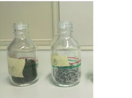 Figure 3.2. Microcosms preparation. In this step it was already determine the packing volume line (green), which  corresponds to 45 mL of water, and working volume line (red) which corresponds to 55 mL