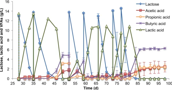 Figure 4.2. Concentration profiles of main monitored compounds during experiment 2 with Vukopor in which was  performed eight sequential batches were performed: 2 nd  batch – days 28 - 35; 3 rd  batch – days 35 - 52; 4 th  batch  – days 52 - 59; 5 th  batc