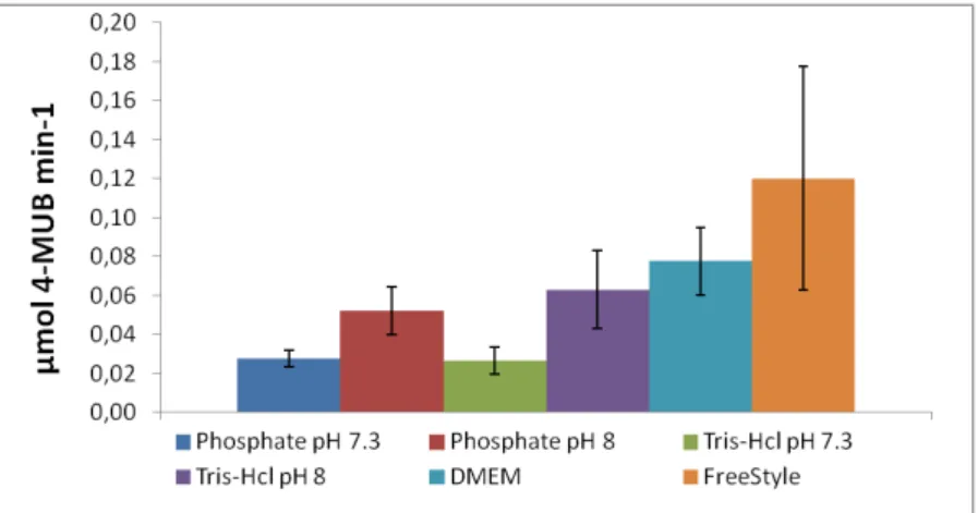 Figure 4.1.6 – CES2 activity comparison (in terms of the rate of formation of 4-MUB) in phosphate buffer  and  Tris-HCl  pH  7.3  and  8,  DMEM  and  FreeStyle