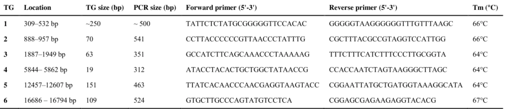 Table 1  – PCR primers developed in this study to amplify and sequence transcript gaps (TG) in the jaguar mitogenome (i.e