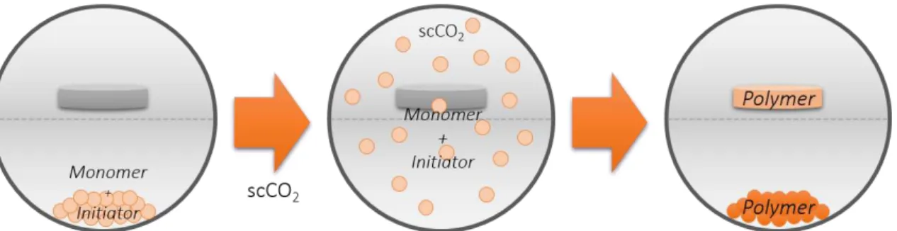 Figure  1.6  General  representation  for  the  in-situ  polymerization  in  scCO 2 .  The  monomer,  initiator  and  impregnating-material are placed in a high-pressure cell and the CO 2  is added
