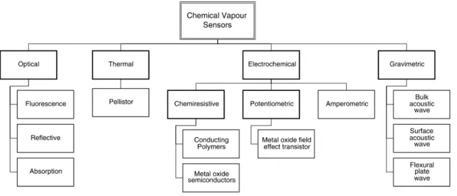 Figure 1.5 shows the main principles of the sensors used in e-noses. 