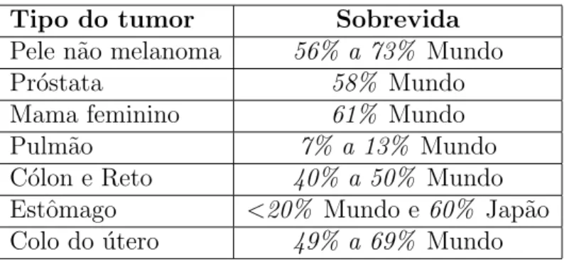 Tabela 1.2: Sobrevida dos pacientes ap´os 5 anos de tratamento. Fonte: INCA