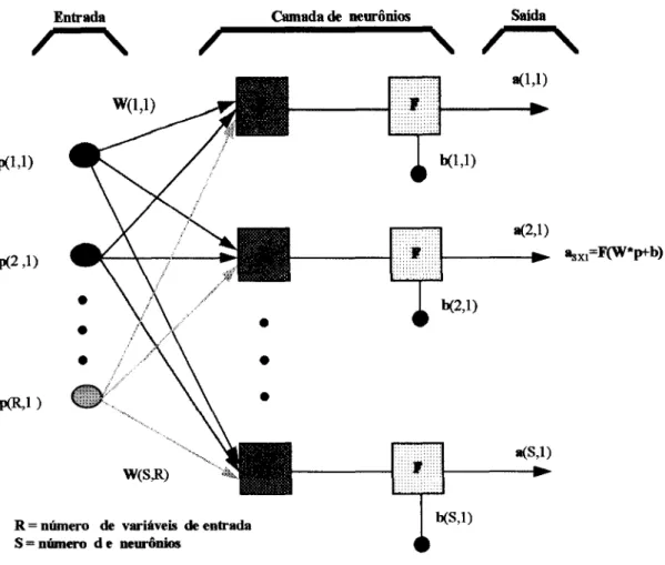 Fig. 2.10 - Rede neural com uma camada e uma entrada PRxl representando múltiplas variáveis de entrada (R)