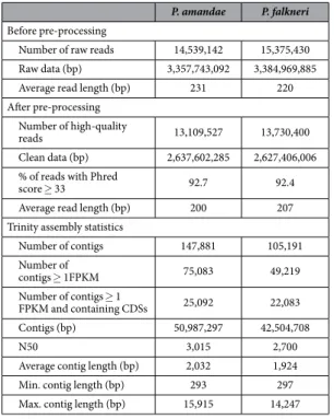 Table 1.   Summary statistics of the sequencing and the de novo transcriptome assembly of the  Potamotrygon amandae and P