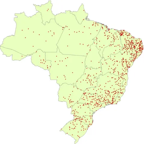 Fig. 4: Mapeamento das emissoras (comunitárias, educativas e comerciais) transmissoras do programa de  rádio Prosa Rural – dezembro de 2008