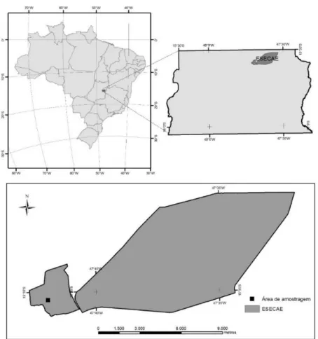 Figura 1: Localização da área de estudo. Polígono (cinza escuro) representando a Estação Ecológica  de Águas Emendadas (ESECAE), Brasília- DF e o local da área de amostragem em destaque (preto)