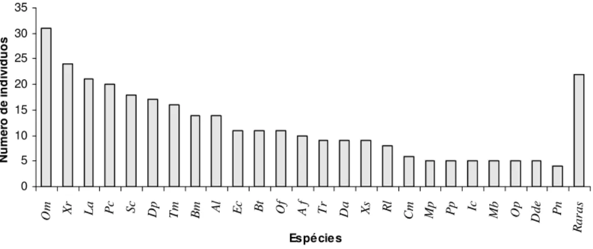 Figura  6:  Abundância  das  espécies  de  serpentes  coletadas  na  área  de  estudo,  através  dos  métodos  de  armadilhas  de  interceptação  e  queda,  procura  limitada  por  tempo,  encontros  ocasionais  e contribuição  de terceiros