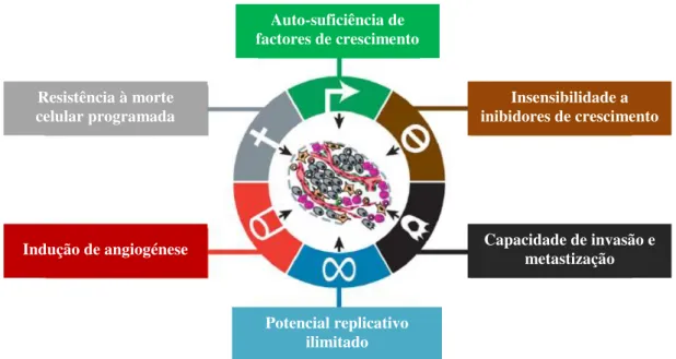 Figura  1.3  –  Representação  das  principais  características  adquiridas  pelas  células  durante  o  processo  de  carcinogénese (Adaptado de Hanahan e Weinberg, 2011)