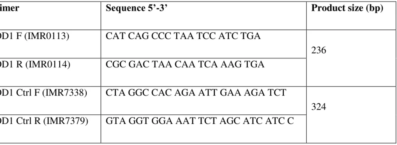 Table 2.2 PCR primer pairs of transgene and internal positive control used for genotyping SOD1  G93A mice and WT littermates