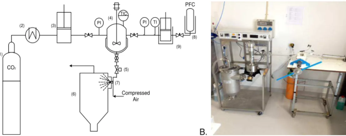 Figure 4.2: A. Experimental setup: (1) CO 2  cylinder (2) cryostate (3) pneumatic piston pump (4)  stirred vessel (electrically thermostated) (5) automated depressurization valve (6) recovery vessel  (7) nozzle (8) PFC vessel (9) manual high-pressure syrin