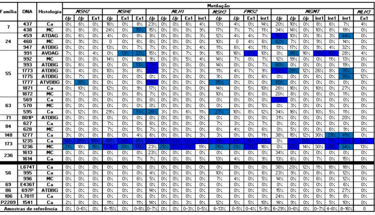 Tabela 3.4: Frequências obtidas da análise de metilação aos genes MMR e MGMT nas amostras de tumores e mucosas normais