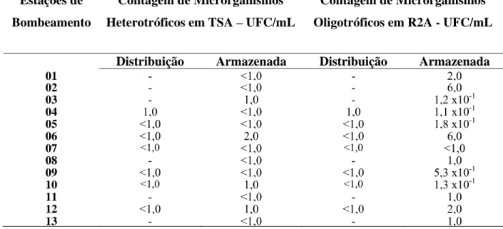 Tabela 12 – Resultado da contagem total de microrganismos nos meio TSA e R2A nas amostras  das estações de bombeamento da segunda coleta 