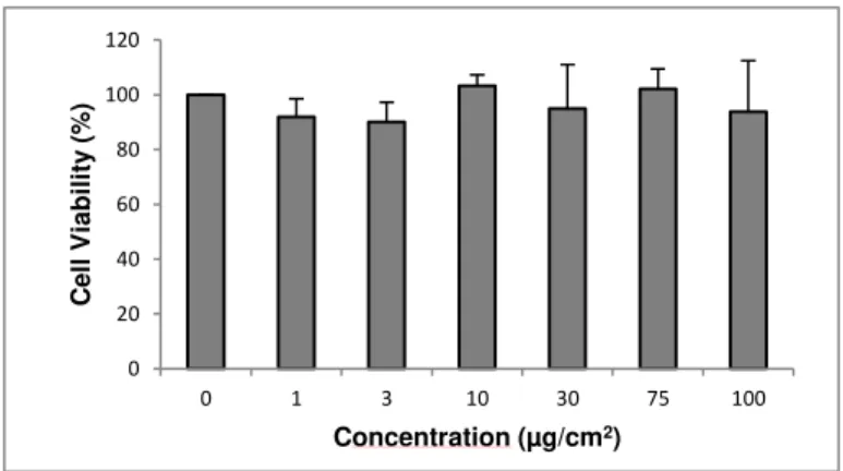 Figure 4. 6- Results of the clonogenic assay after 7 days cells exposure to NM-212. * Significantly different  from the negative control (Tukey Post-Hoc test)