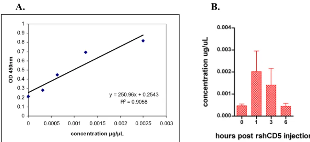 Fig. 3.8 – Detection of exogenously administrated rshCD5 in C57BL/6 WT mice. A. Standard curve performed  with commercial rshCD5