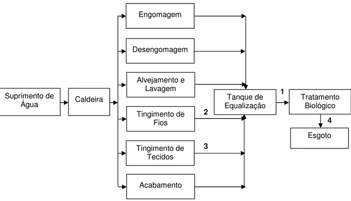 Figura 9 - Fluxograma do processo têxtil com seus despejos característicos e pontos de coletas