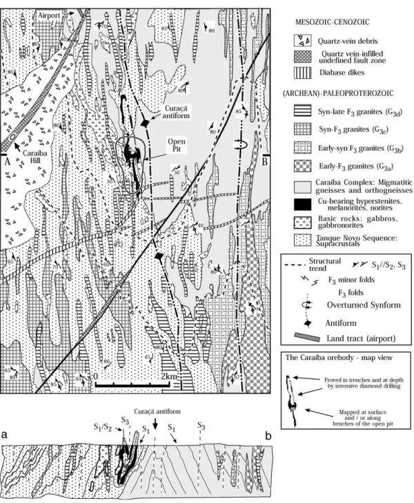 Fig. 2. Simplified geological map of the area surrounding the Caraíba orebody, highlighting the Curaçá antiform, the open pit, and the  land track of the airport