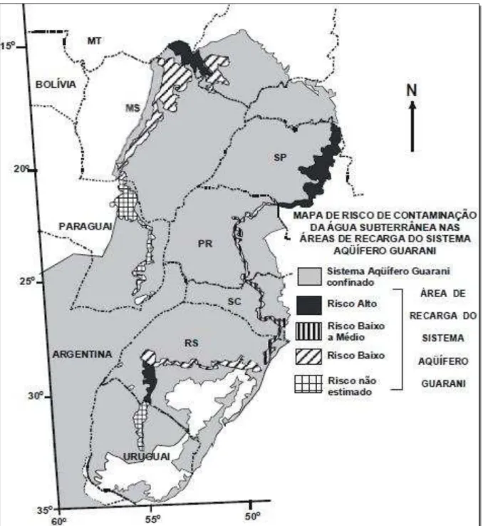 Figura  2.5  –  Mapa  de  risco  de  contaminação  em  áreas  do  aquífero  Guarani  no  Brasil
