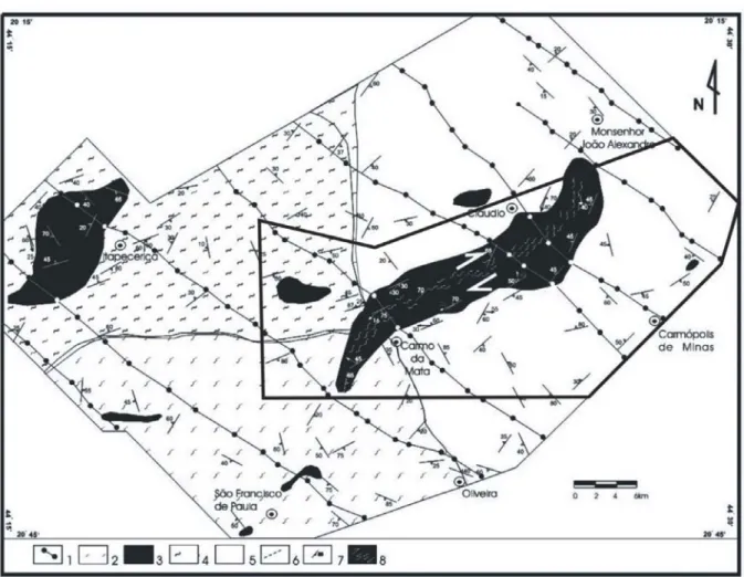 Figura 2 – Mapa pr´evio para ´area de estudo, modificado de Oliveira (1999). Unidades: 1 – M´afica fissural; 2 – Supracrustal; 3 – Unidade gn´aissica de Candeias;