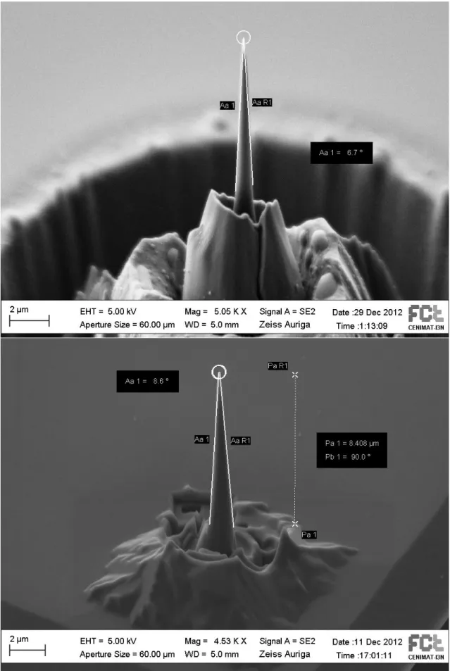 Figure 4.1 - Scanning electron microscope image of AFM probes after milling with the focused ion beam