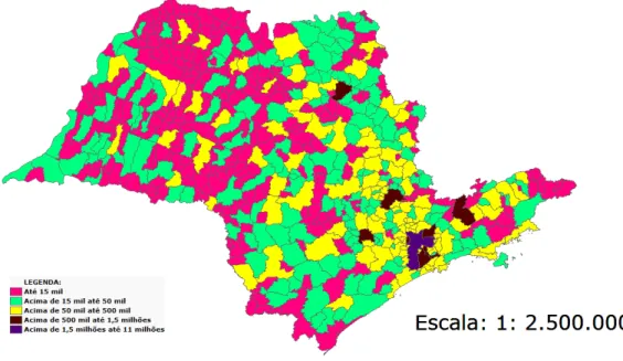 Figura 1. Distribuição geográfica da população total dos municípios  de São Paulo. 
