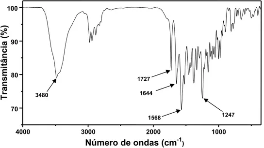 Figura  9. Espectro de absorção na região do infravermelho do polimorfo I. 4000 300020001000 70 80 90 100 Transmitância (%)Número de ondas (cm-1)3480       17271644  1568 1247 