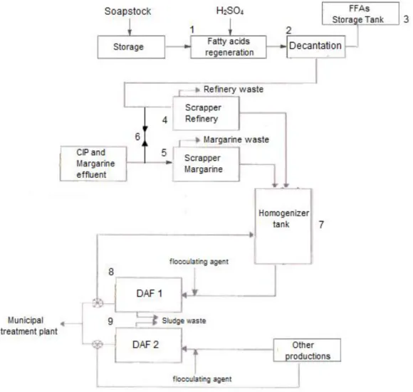 Figure 2.2 – Flowsheet of soapstock treatment and wastewater treatment plant at FIMA.  