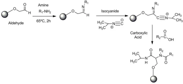 Figure  2.3  -  Ugi  Reaction,  the  functionalized  support  with  aldehyde  is  the  base  of  the  reaction;  the  second  compound is an amine that reacts for two hours to let the formation of the imine group