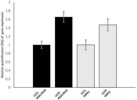 Figure 3.9. Relative quantification (RQ) of gene expression of HSD17B10 (black) and HSPE1  (grey) genes in fulvestrant-sensitive LCC1 and fulvestrant-resistant LCC9 cell as measured  using RT-qPCR