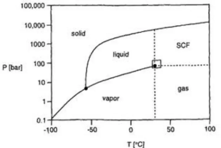Figure 1.7 - Phase diagram of CO 2  adapted from Leitner W. et al. 73