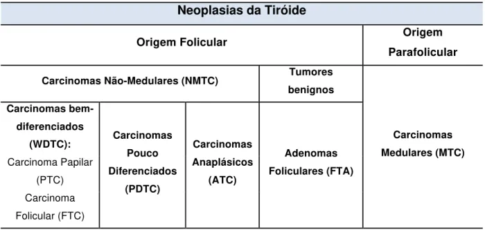 Tabela I – Esquema representativo dos diferentes tipos de tumores da glândula tiroideia