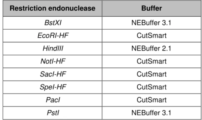 Table II.3 – Restriction endonucleases used in restriction digestions and corresponding buffers