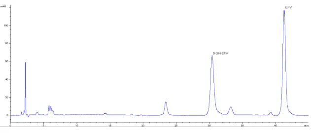 Figure 2.1  Representative chromatogram of a  standard sample with  10 mg/L  of EFV (41  min) and 8-OH-EFV (30 min)