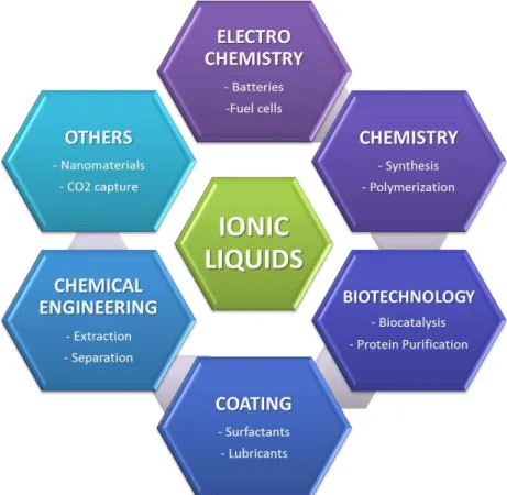 Figure 1.2. Possible ionic liquids applications. (Adapted from Pharm et al 4 ). 