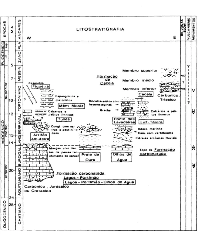 Fig.  6  o  Miocénico  do  1 itoral  S  português.  Principais  depósi- depósi-tos,  datações  e  correlações