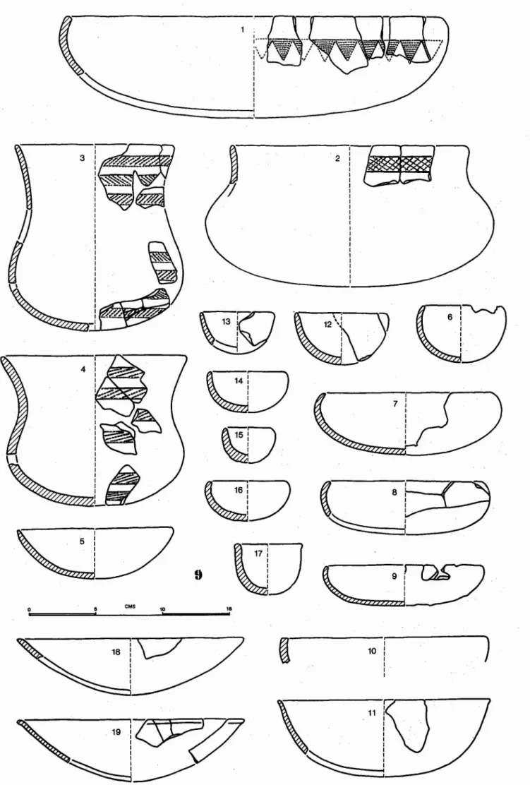 Figure 9 - Céramique ornée (NoS 1 à 4) et lisse (NOS5 à Il), attribuée à la culture du vase campaniforrnc du Portugal.