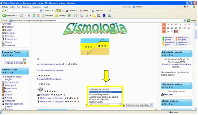 Figura 5-3 - Localização dos comandos “adicionar um recurso” na página do Moodle 