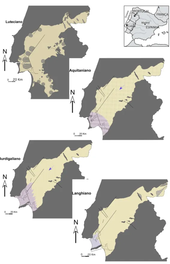 Fig. 2: Reconstituições paleogeográficas da Bacia do Baixo Tejo, do Luteciano ao Langhiano (ver legenda na figura 3)